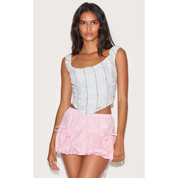 Pastel Blue Stripe Ditsy Print Ruched Corset Top