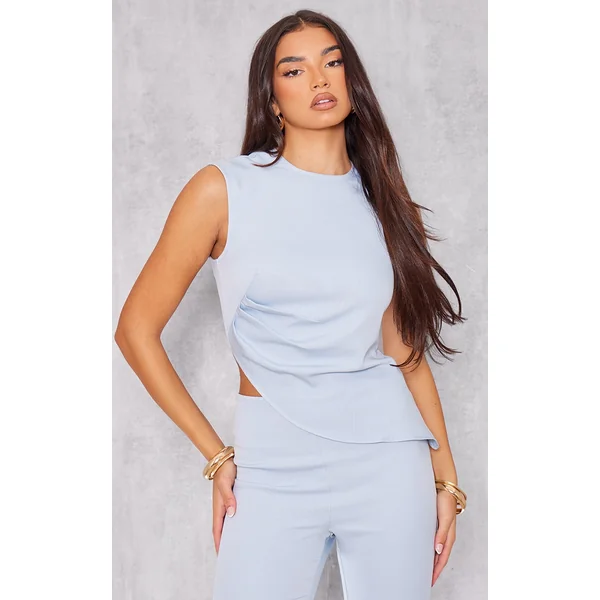 Pastel Blue Tailored Side Ruched Asymmetric Hem Longline Top