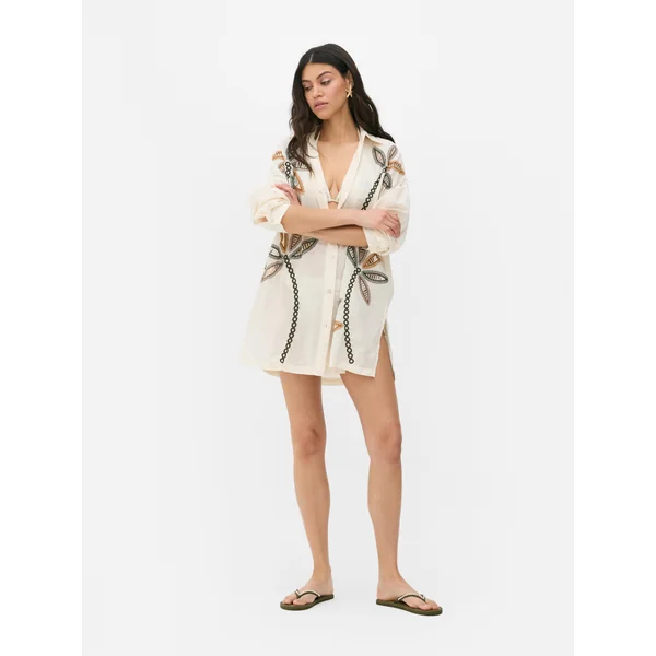 Paula Echevarria Embroidered Beach Shirt - Stone