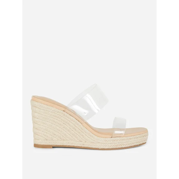 Paula Echevarría Clear Strap Raffia Wedge Mules - Clear
