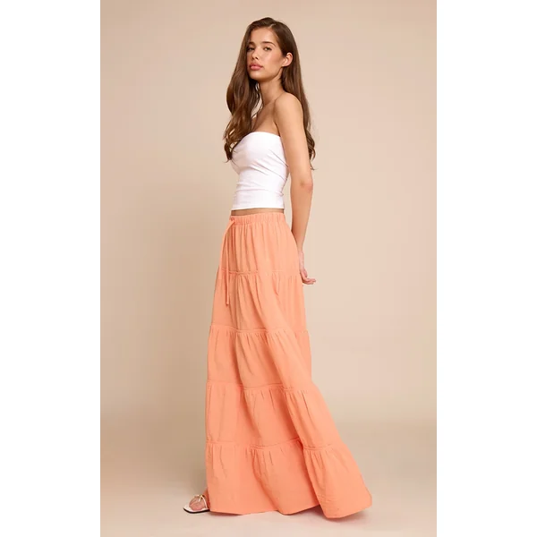 Peach Cotton Tiered Drawstring Waist Maxi Skirt