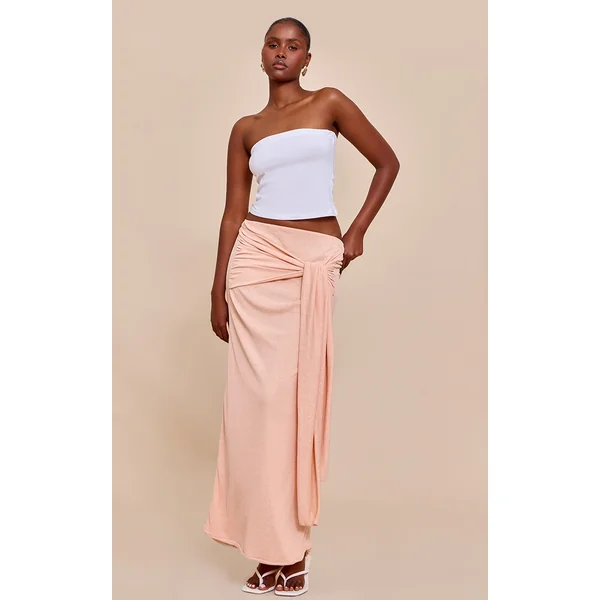 Peach Double Layer Burnout Mesh Wrap Front Maxi Skirt