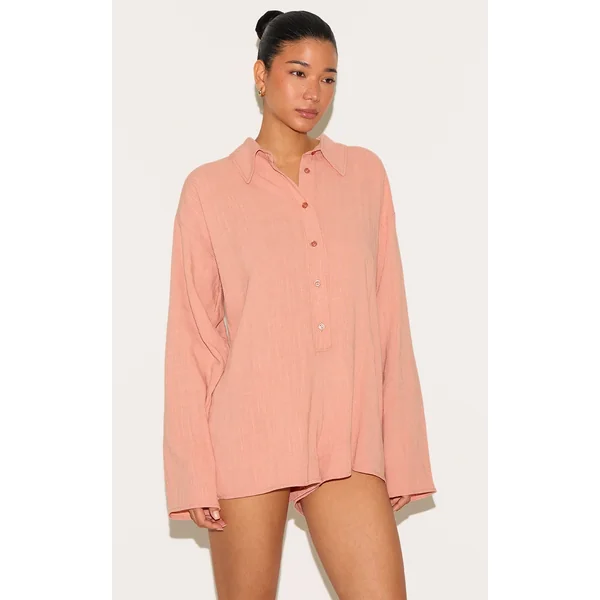 Peach Linen Look Floaty Shirt Detail Romper