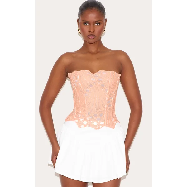 Peach Textured Sheer Floral Lace Corset