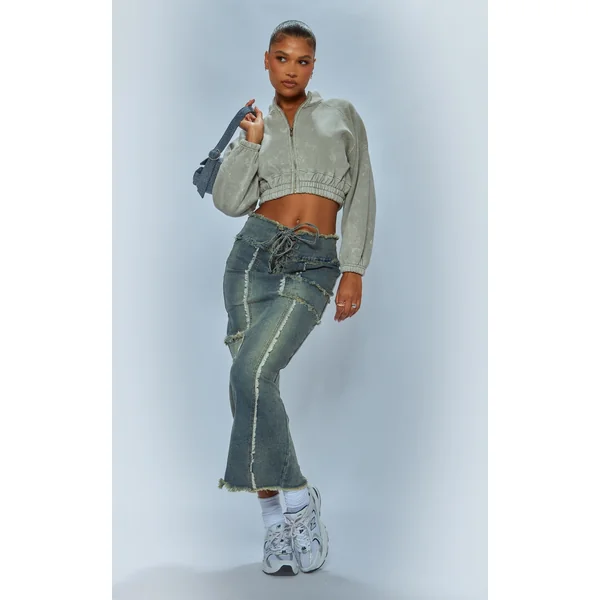 Pebble Washed Elasticated Hem Zip Crop Sweatshirt