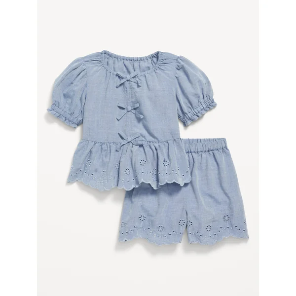 Peplum Eyelet Top and Shorts Set for Toddler Girls - Light Blue