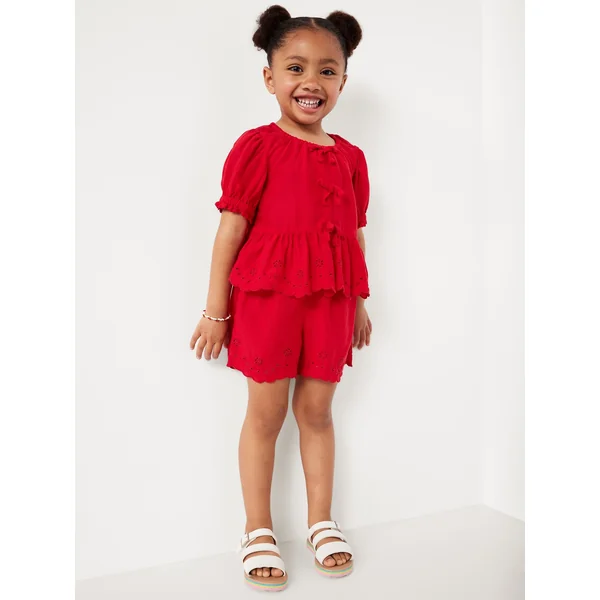 Peplum Eyelet Top and Shorts Set for Toddler Girls - Robbie Red