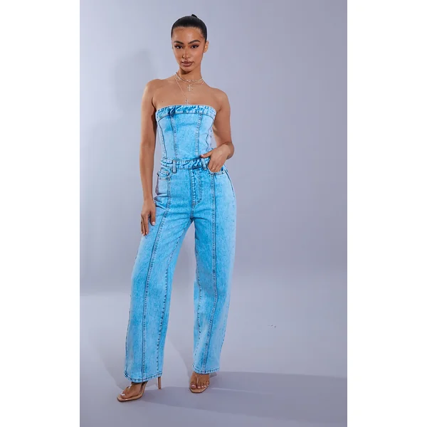 Petite Acid Blue Wash Bandeau Denim Jumpsuit