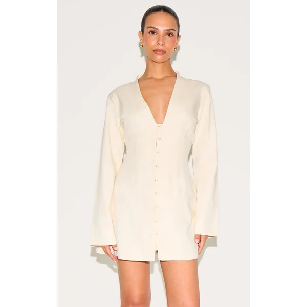 Petite Almond Linen Look Long Sleeve V-neck Dress