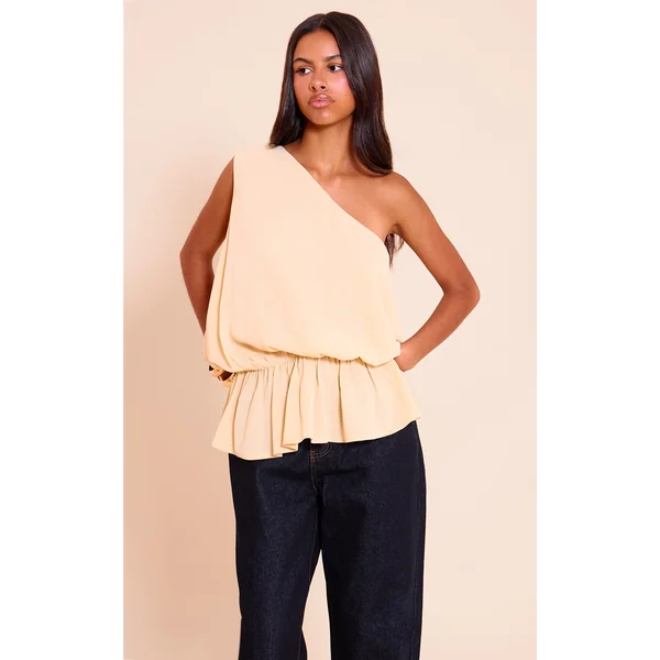 Petite Almond Sheer One Shoulder Flowy Ruched Long Top