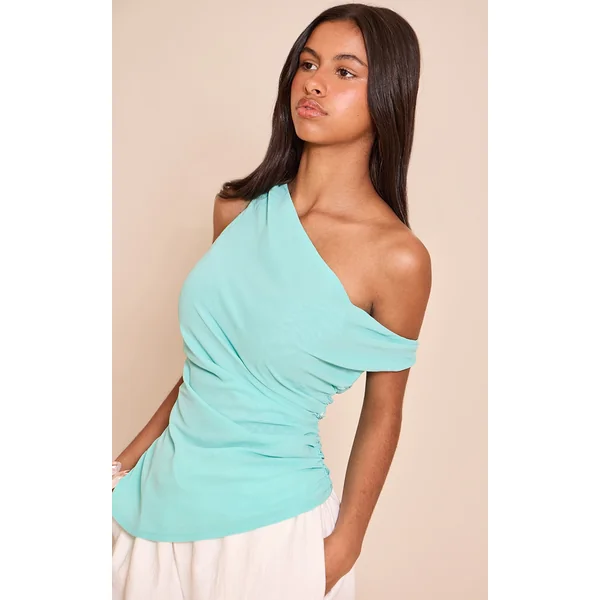 Petite Aqua Chiffon Asymmetric Neckline Ruched Top