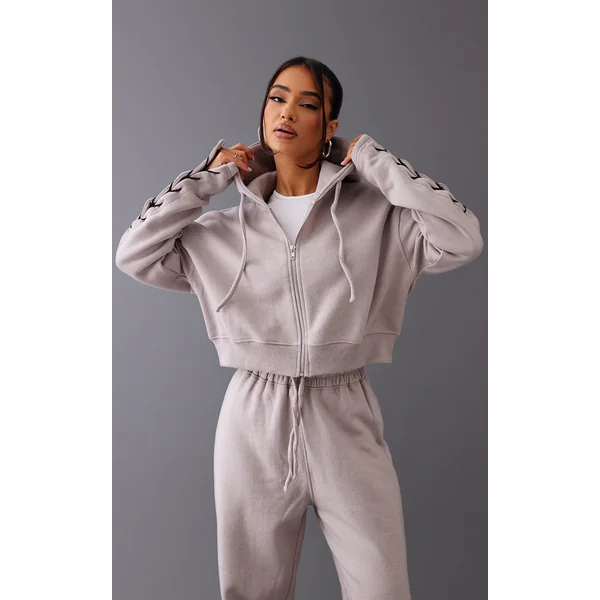 Petite Ash Grey Cropped Zip Up Hoodie