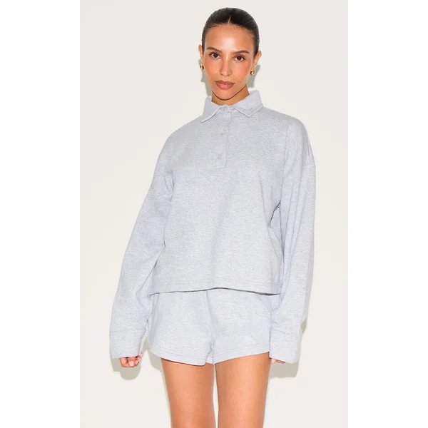 Petite Ash Grey Loopback Oversized Polo Detail Sweatshirt