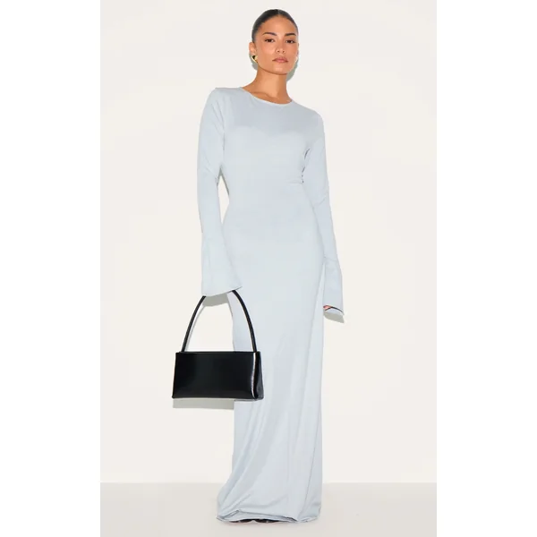 Petite Ash Grey Slinky Seam Detail Flared Sleeve Maxi Dress