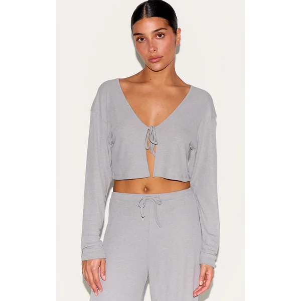 Petite Ash Grey Soft Ribbed Tie Front Top