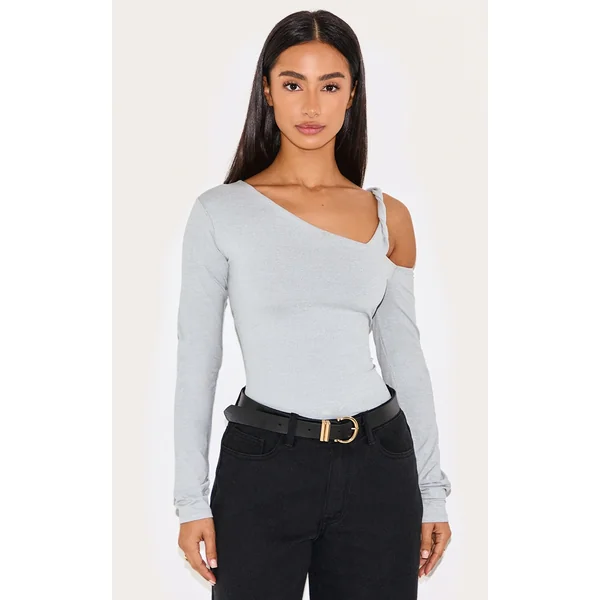 Petite Ash Grey Soft Touch Knot Detail Long Sleeve Top