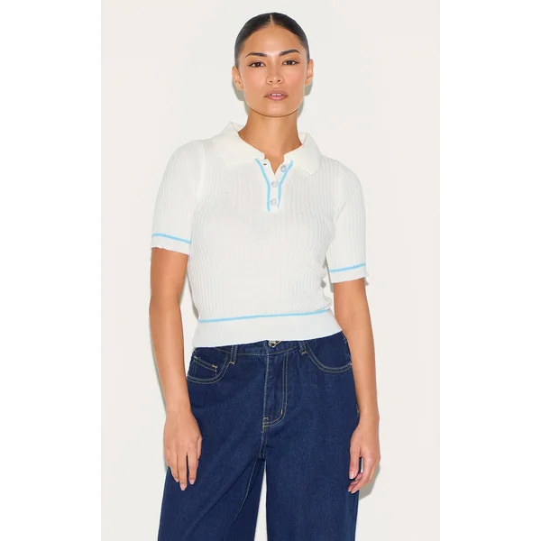 Petite Baby Blue Knitted Polo Top