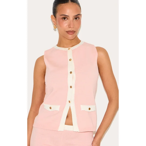 Petite Baby Pink Knitted Contrast Detail Long Button Top