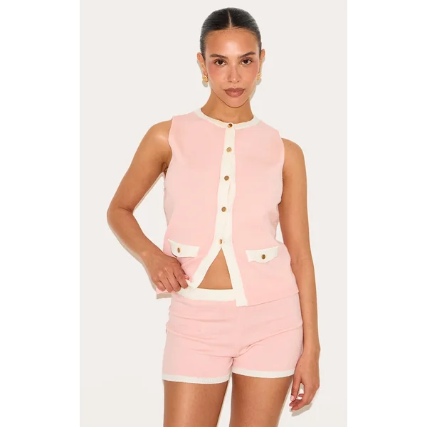 Petite Baby Pink Knitted Contrast Detail Mini Shorts