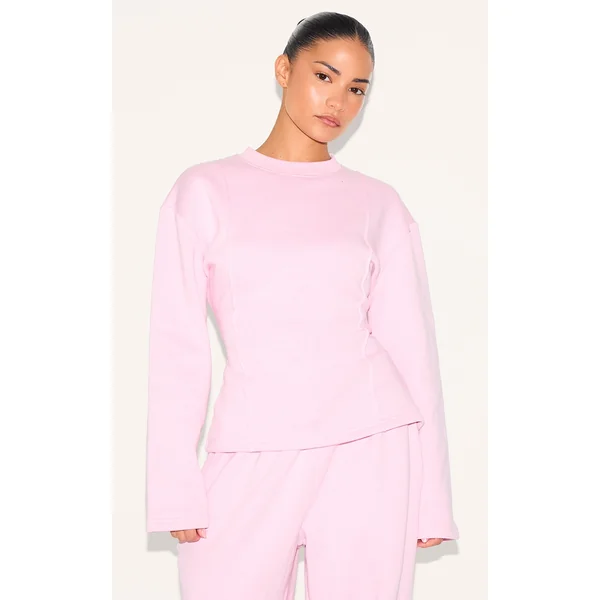 Petite Baby Pink Long Sleeve Waist Cinched Sweatshirt