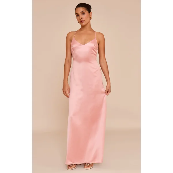 Petite Baby Pink Satin Strappy Open Back Maxi Dress