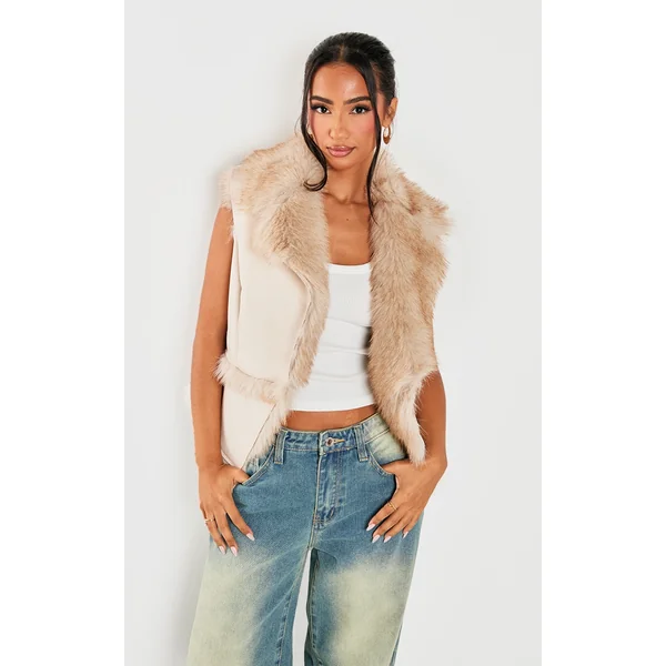 Petite Beige Faux Fur Trim Vest