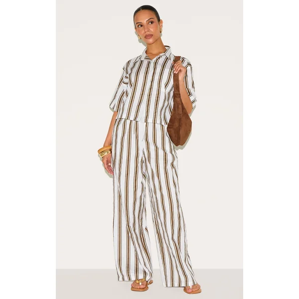 Petite Beige Linen Look Striped Wide Leg Pants