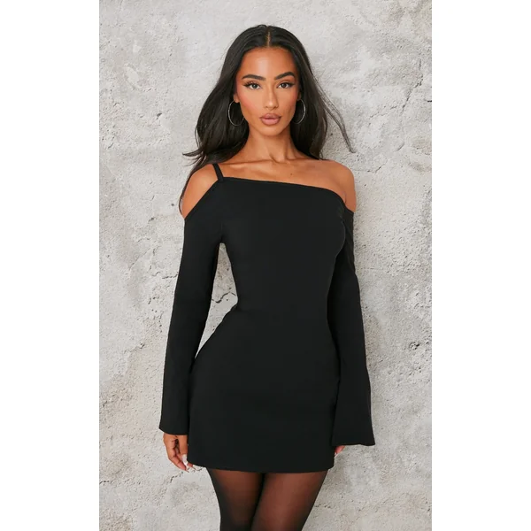 Petite Black Asymmetric One Shoulder Flared Sleeve Shift Dress