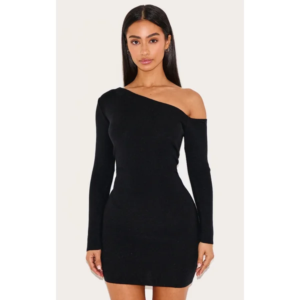 Petite Black Asymmetric Shoulder Ribbed Mini Dress