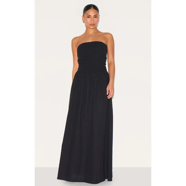 Petite Black Bandeau Shirred Detail Maxi Dress