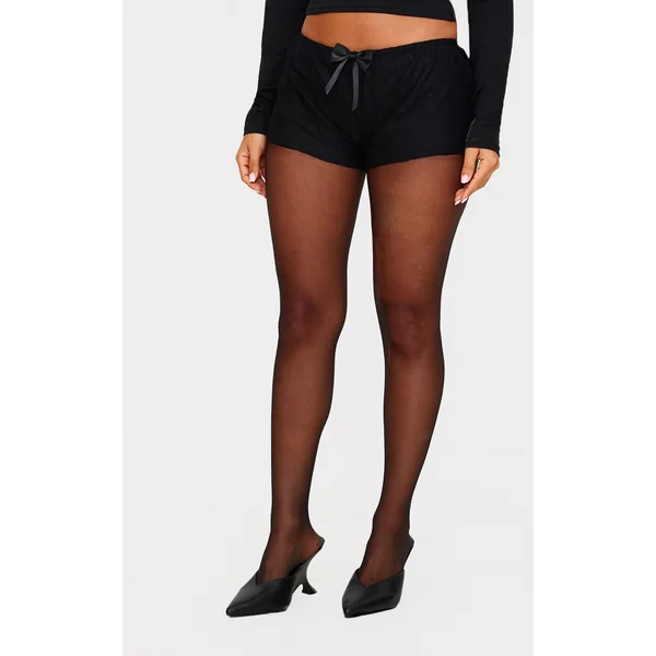 Petite Black Bow Printed Mesh Mini Hot Pants