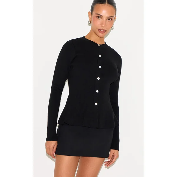 Petite Black Compact Knit Peplum Cardigan
