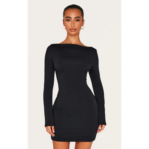 Petite Black Contour Jersey Boat Neck Long Sleeve Dress