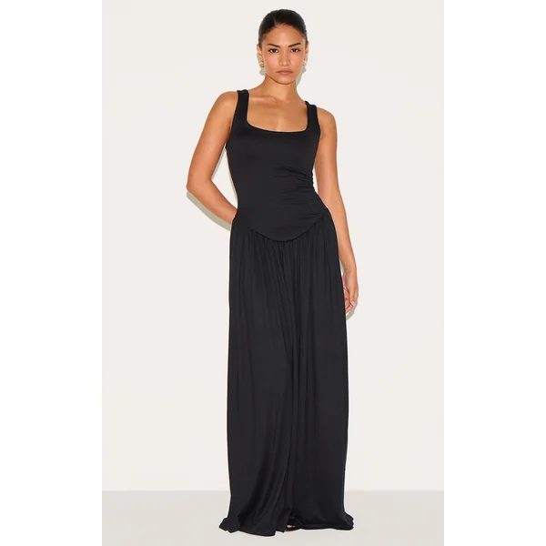 Petite Black Contour Jersey Scoop Neck Pleated Maxi Dress