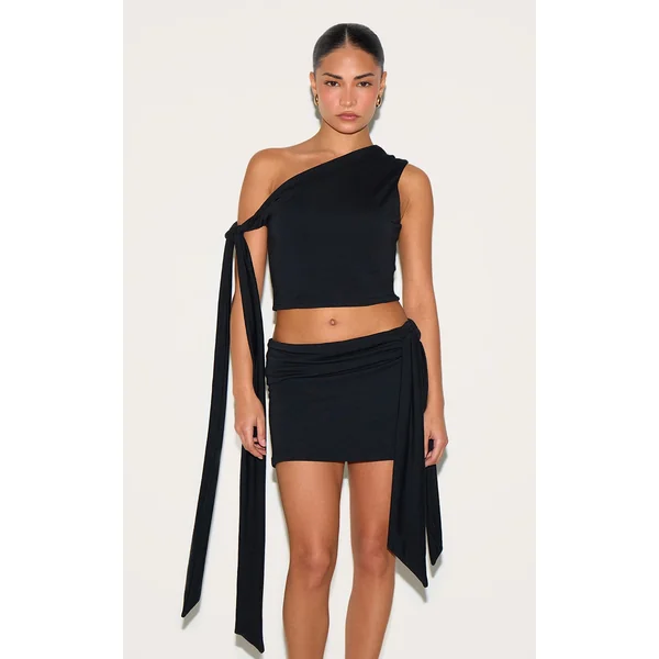 Petite Black Contour Jersey Tie Detail Crop Top