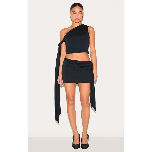 Petite Black Contour Jersey Tie Detail Foldover Mini Skirt