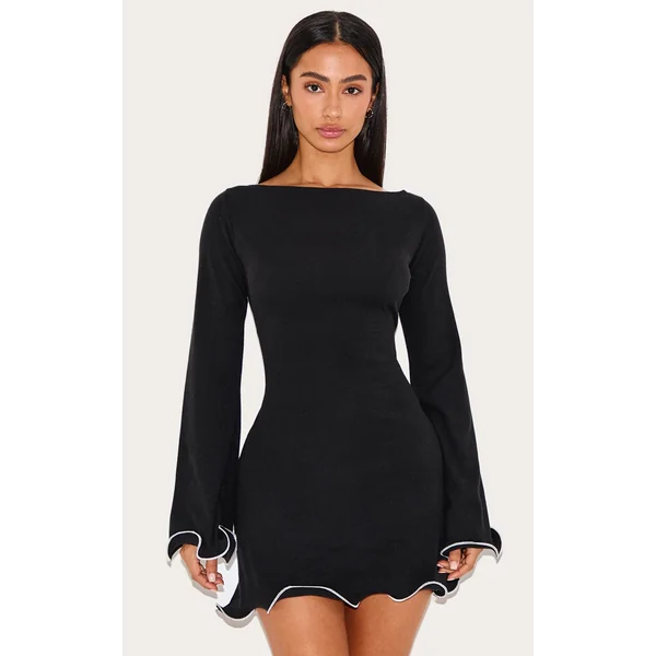 Petite Black Contrast Detail Ribbed Mini Dress