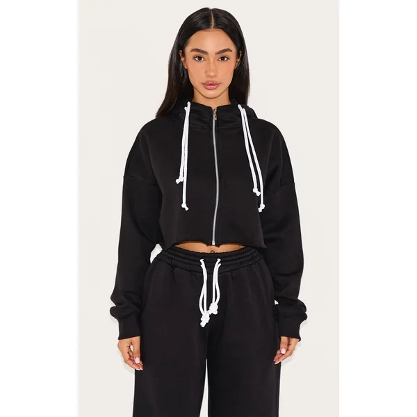 Petite Black Contrast Drawstring Cropped Zip Up Hoodie