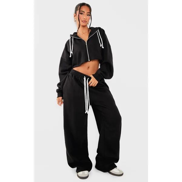 Petite Black Contrast Drawstring Wide Leg Sweatpants