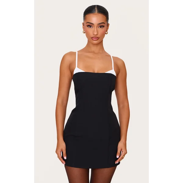 Petite Black Contrast Strappy Woven Mini Dress