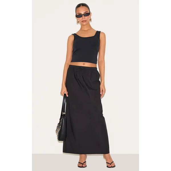 Petite Black Cotton Drawstring Tie Maxi Skirt