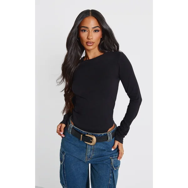 Petite Black Cotton Long Sleeve Top