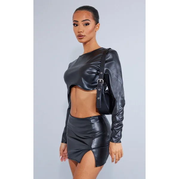Petite Black Cracked Faux Leather Longsleeve Top
