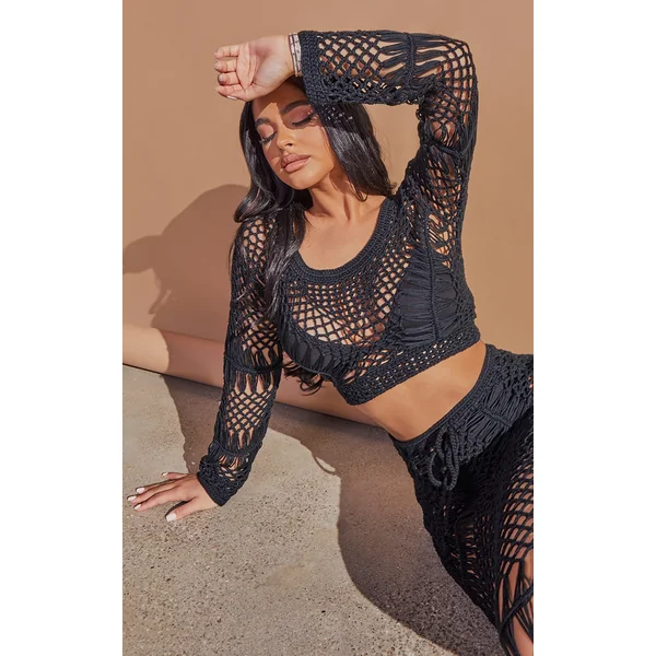 Petite Black Crochet Long Sleeve Crop Top