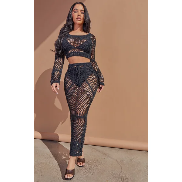 Petite Black Crochet Midi Skirt