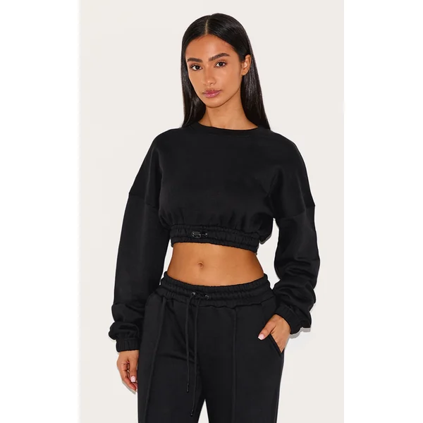 Petite Black Crop Elasticated Sweat Top