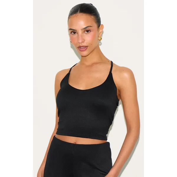 Petite Black Cross Front Strappy Top