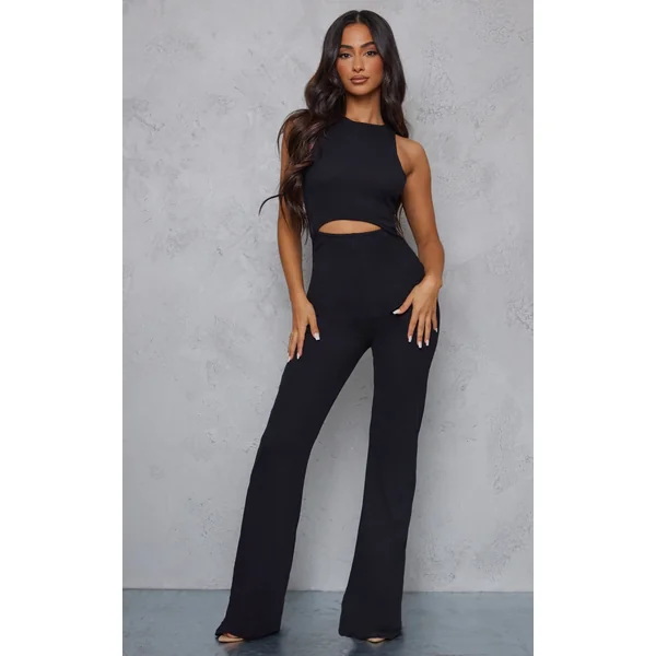 Petite Black Cut Out Rib Wide Leg Jumpsuit