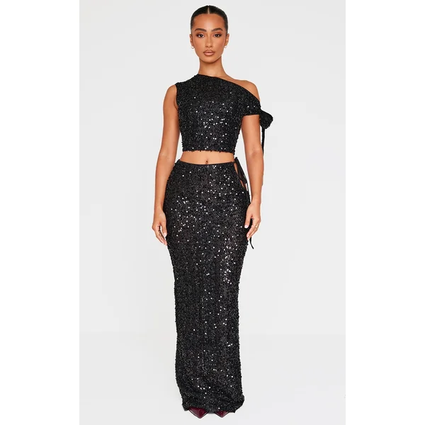 Petite Black Cut Out Side Sequin Maxi Skirt