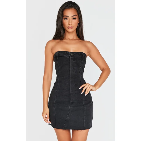 Petite Black Denim Bandeau Mini Dress